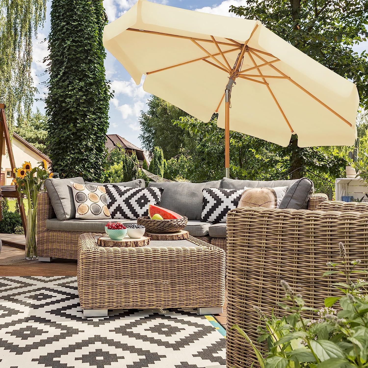 Garden Umbrella – Wooden – Taupe – Octagonal with Tilt Mechanism and Sun Protection