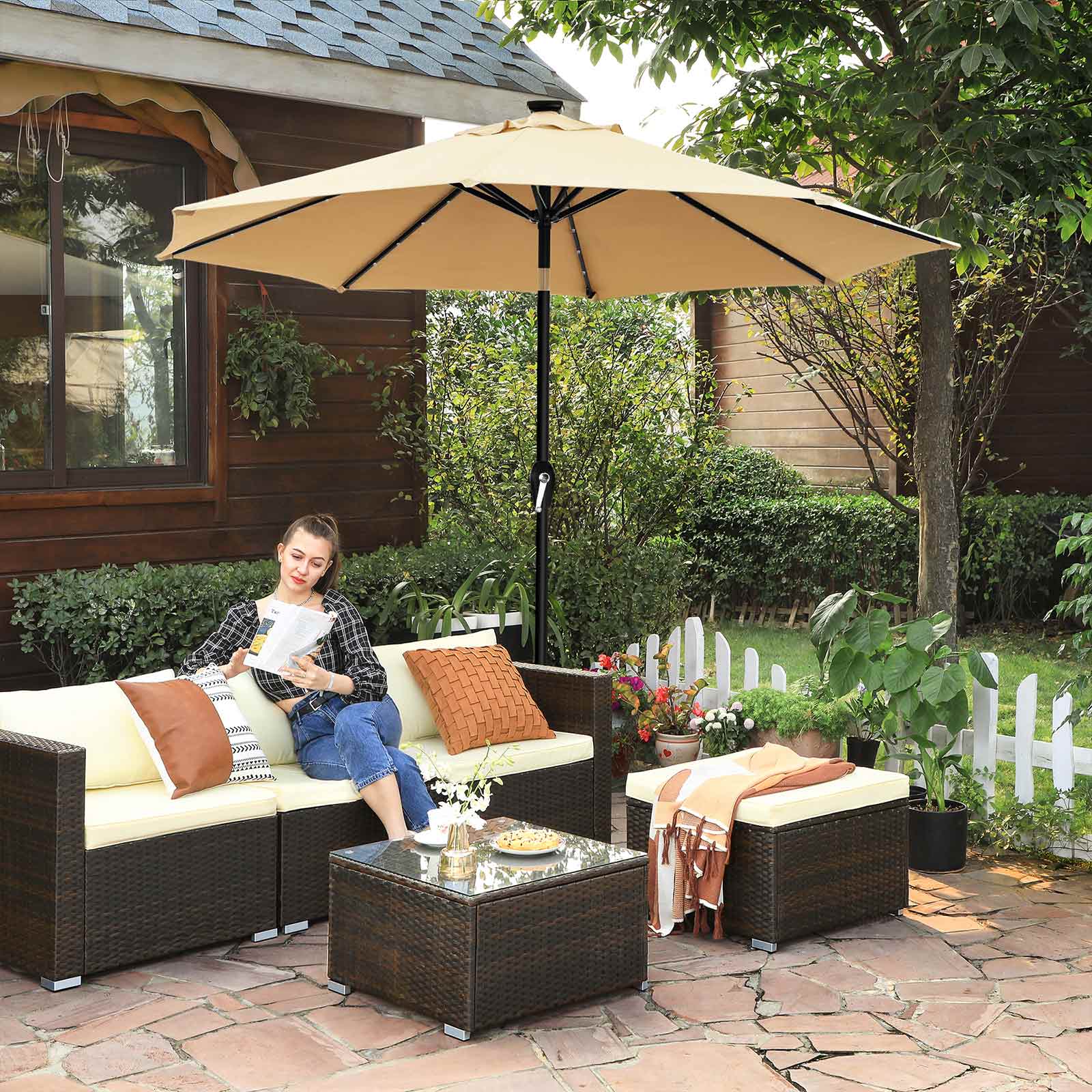 Garden Parasol – Fabric – Taupe – 3 m with Solar-Powered LED Lights and UPF 50+ Protection
