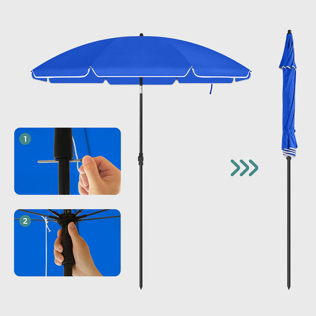 Beach Umbrella – Polyester – Blue – UV50+ Protection with Tilt Mechanism and Carry Bag