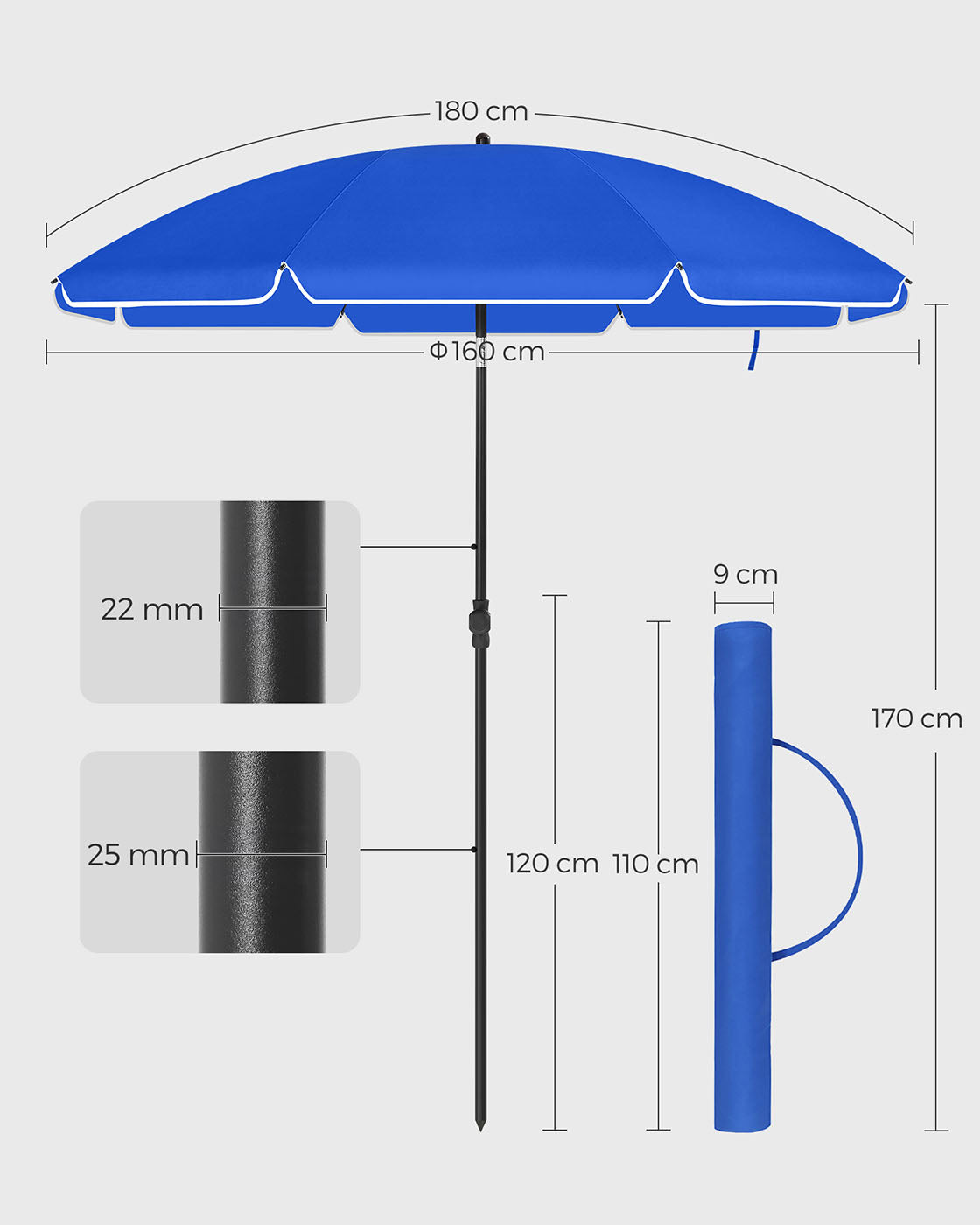 Beach Umbrella – Polyester – Blue – UV50+ Protection with Tilt Mechanism and Carry Bag