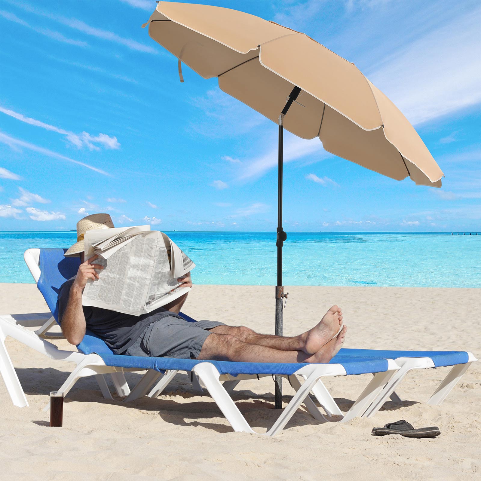 Beach Umbrella – Polyester – Taupe – UPF 50+, Portable with Air Vent and Tilt Mechanism