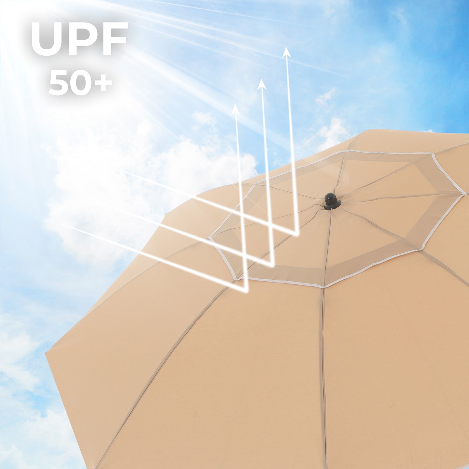 Beach Umbrella – Polyester – Taupe – UPF 50+, Portable with Air Vent and Tilt Mechanism