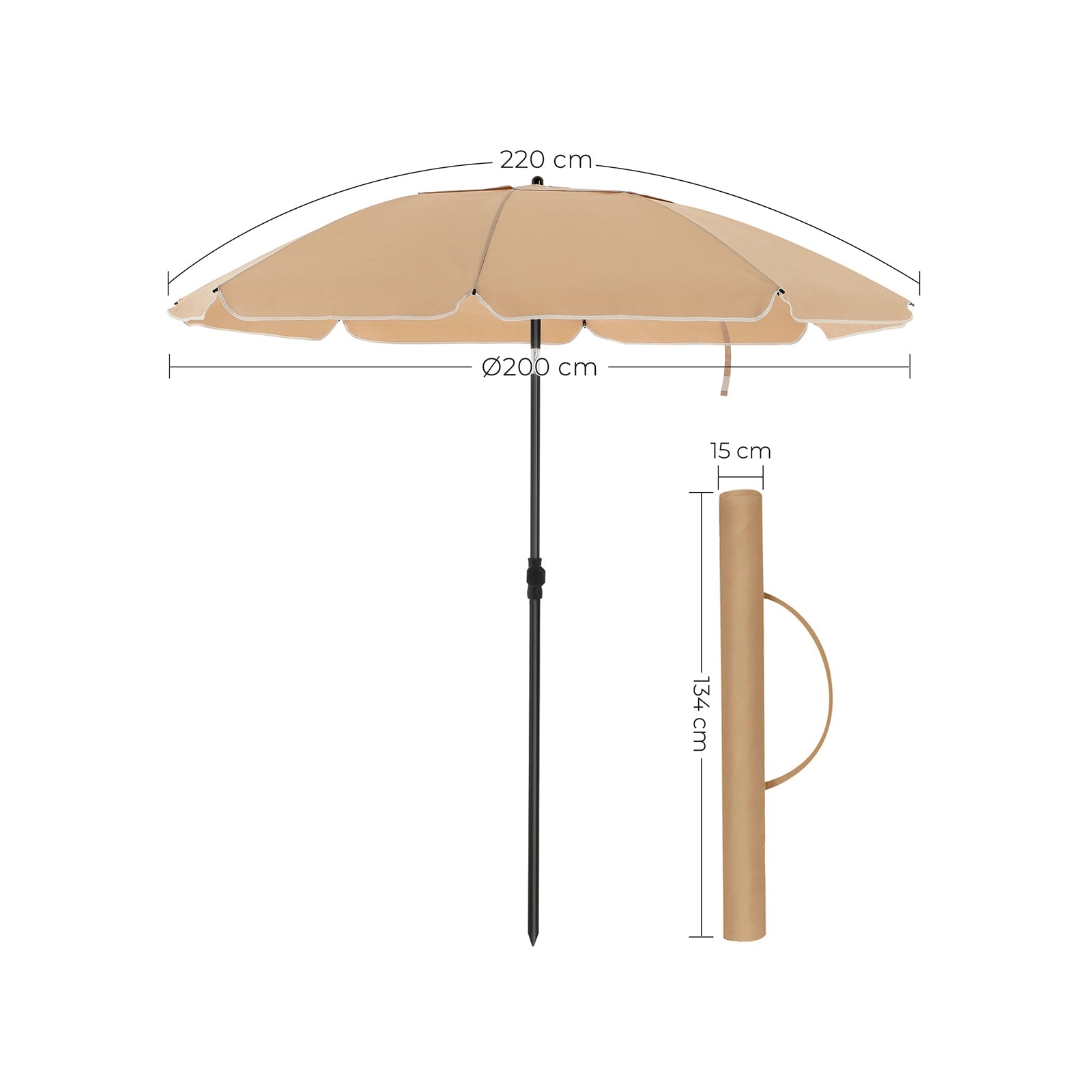 Beach Umbrella – Polyester – Taupe – UPF 50+, Portable with Air Vent and Tilt Mechanism