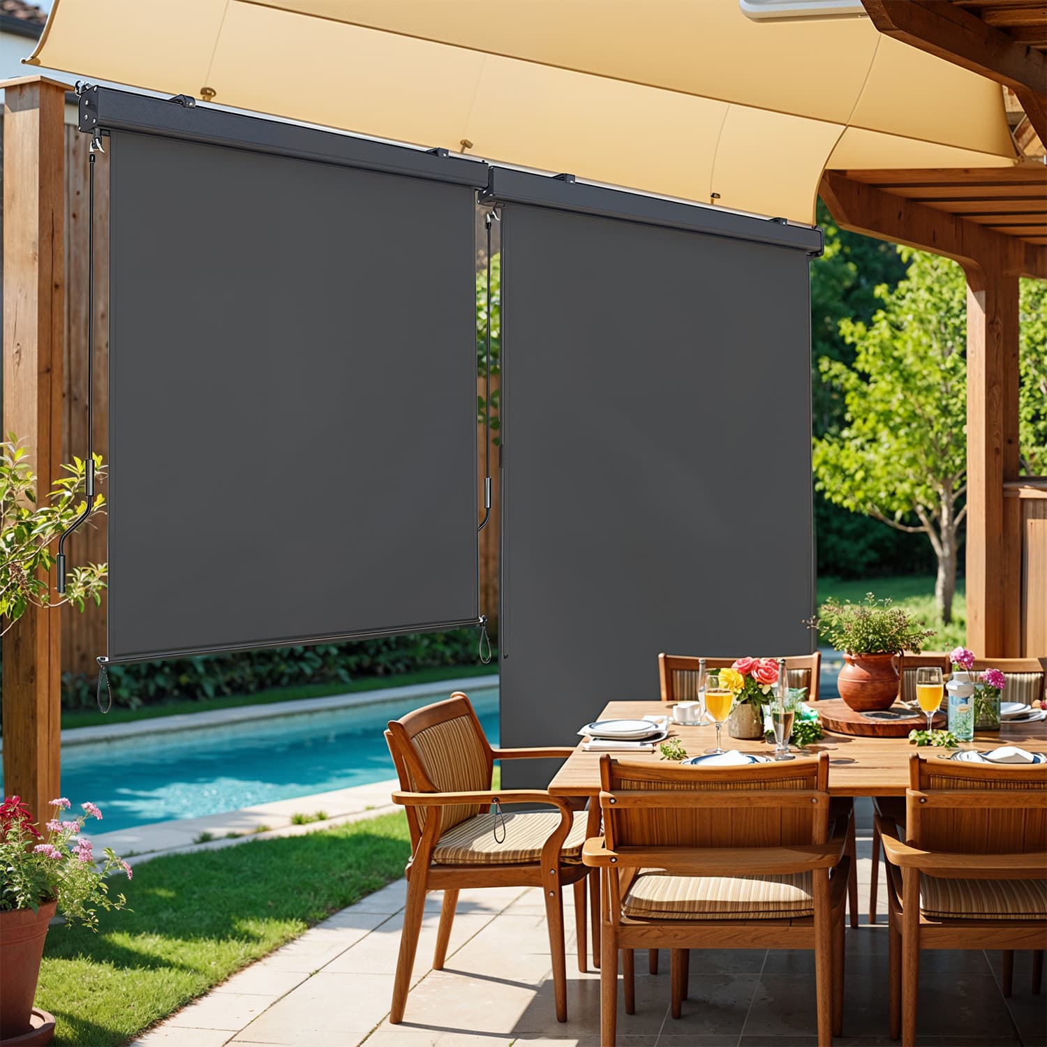 Vertical Awning – Steel – Smoky Grey – Extendable Privacy Screen with UPF 50+ Sun Protection, 160 x 350 cm
