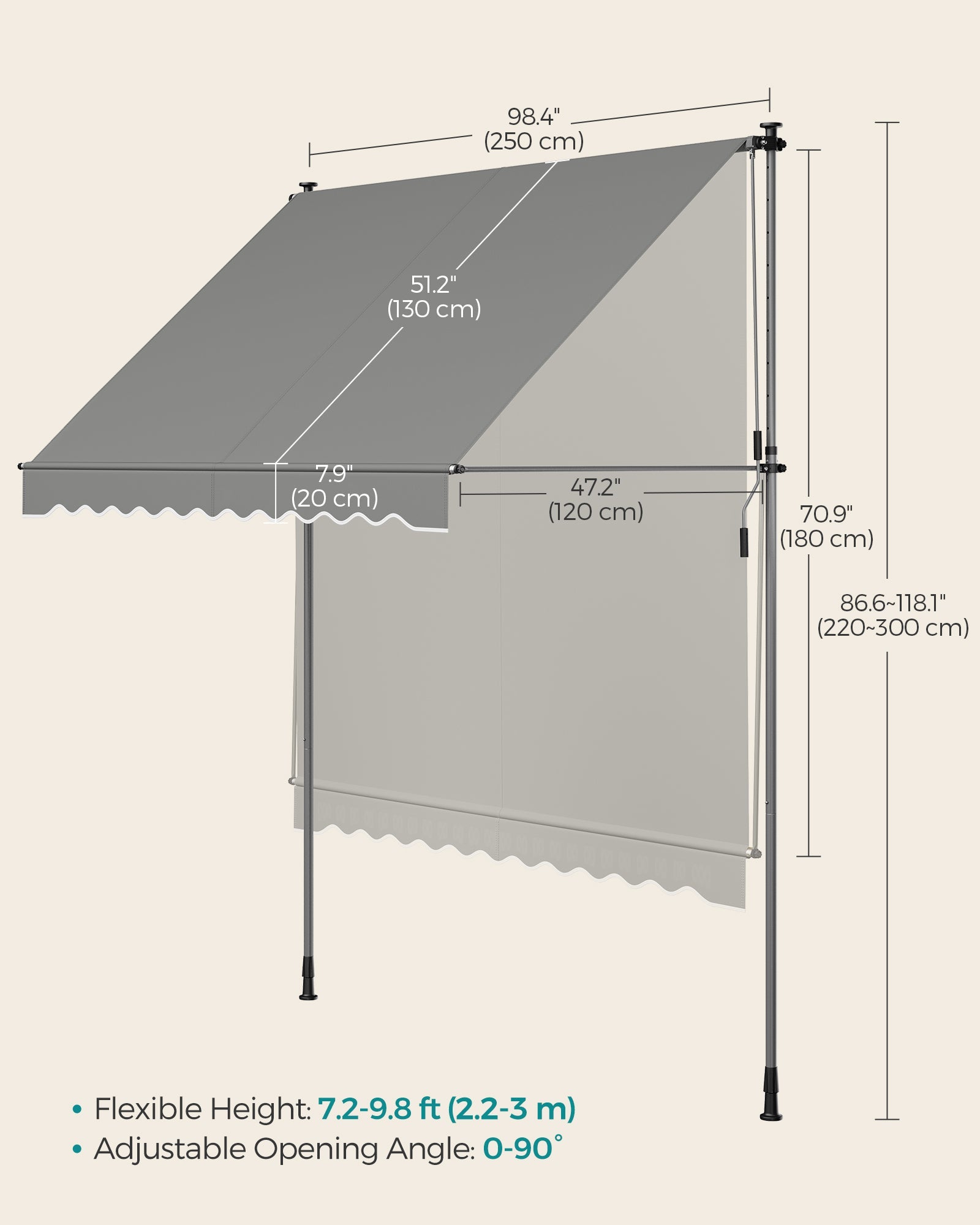 Manual Retractable Awning – Fabric – Dove Grey – Height-Adjustable with Crank