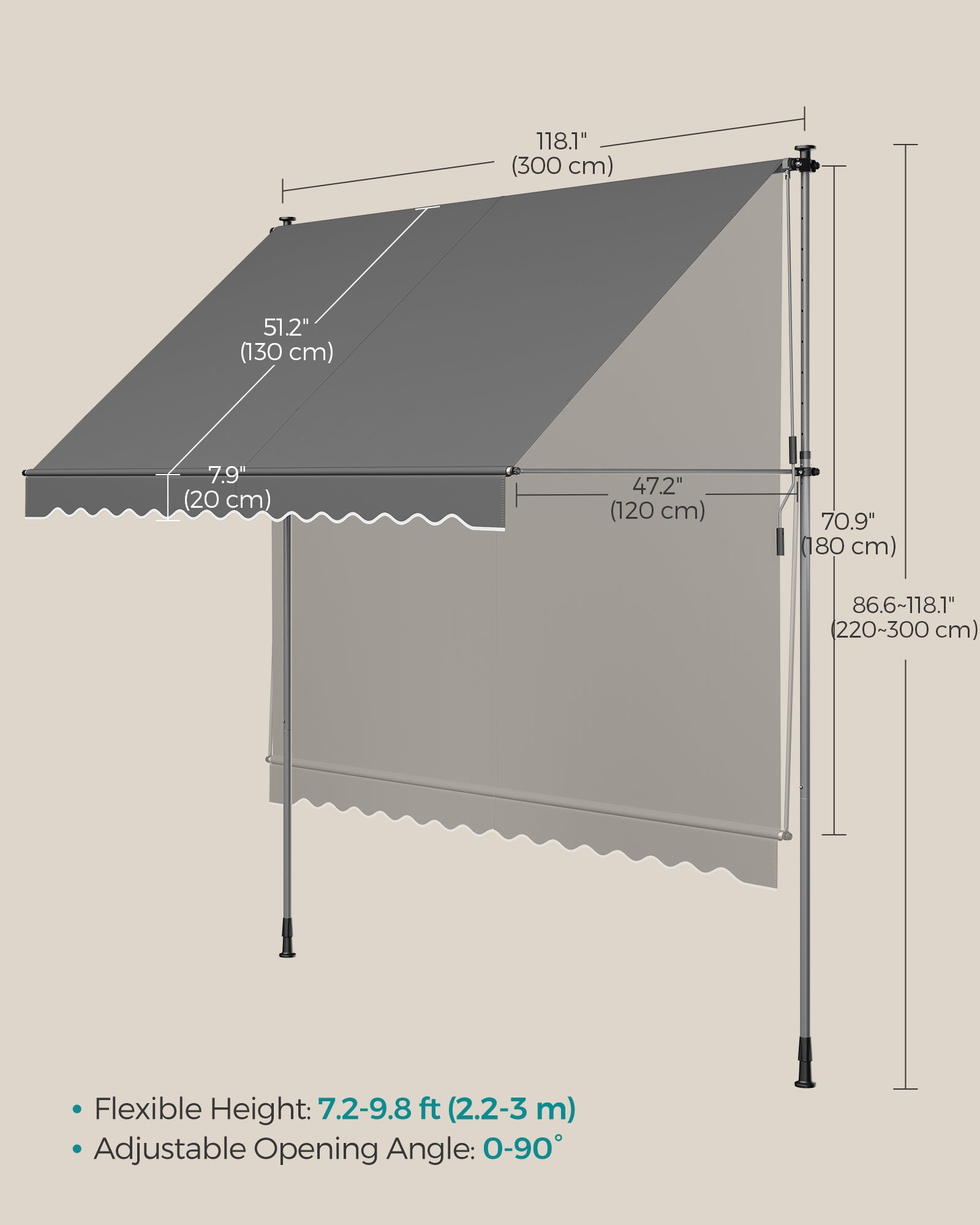 Height-Adjustable Awning – Fabric – Anthracite Grey – Manual Retractable Sunshade for Balcony, Garden, Patio