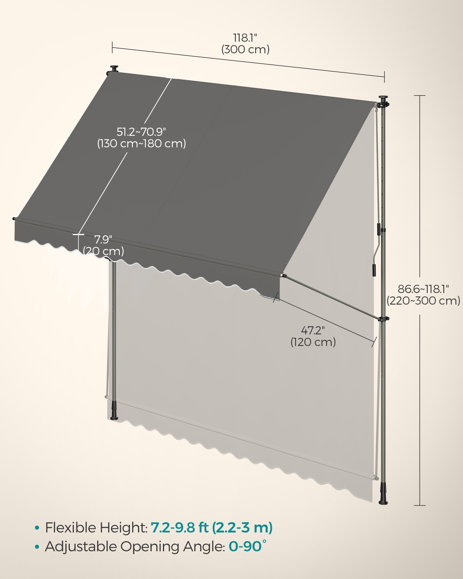 Height-Adjustable Awning – Fabric – Anthracite Grey – Manual Retractable Sunshade for Balcony, Garden, Patio
