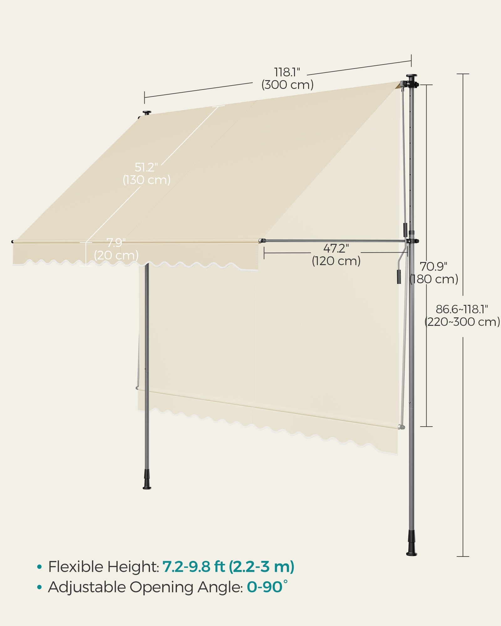 Manual Retractable Awning – Fabric – Beige – Height-Adjustable with Crank
