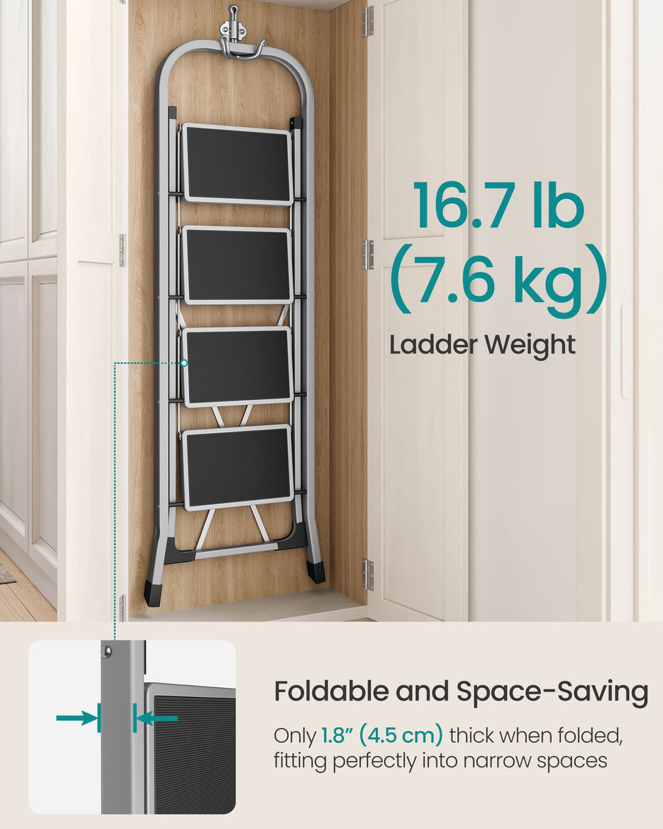 Folding Ladder – Metal – Dove Grey – 4 Steps with Safety Lock