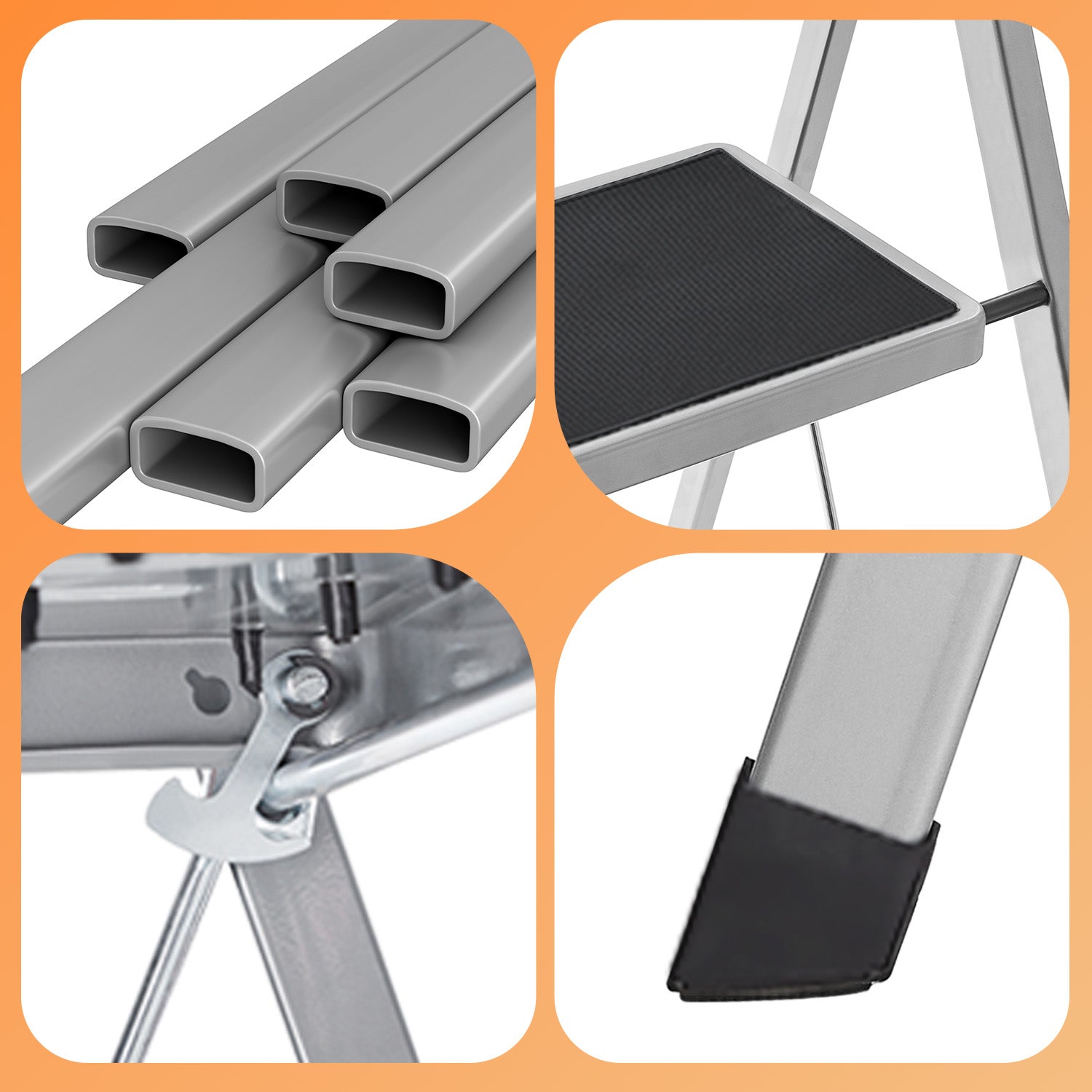 Folding 4-Step Ladder – Metal – Dove Grey – Safety Lock and Space-Saving Design