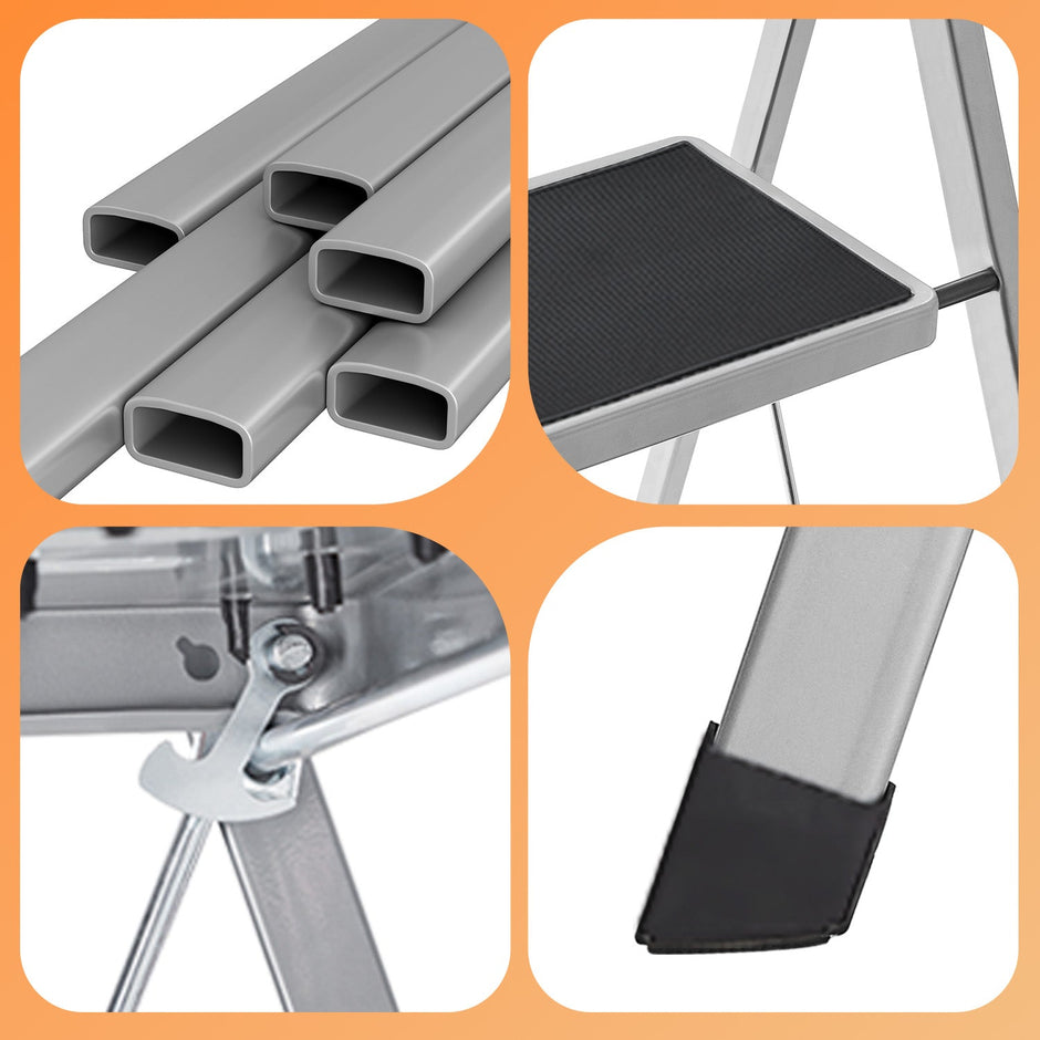 Folding 4-Step Ladder – Metal – Dove Grey – Safety Lock and Space-Saving Design