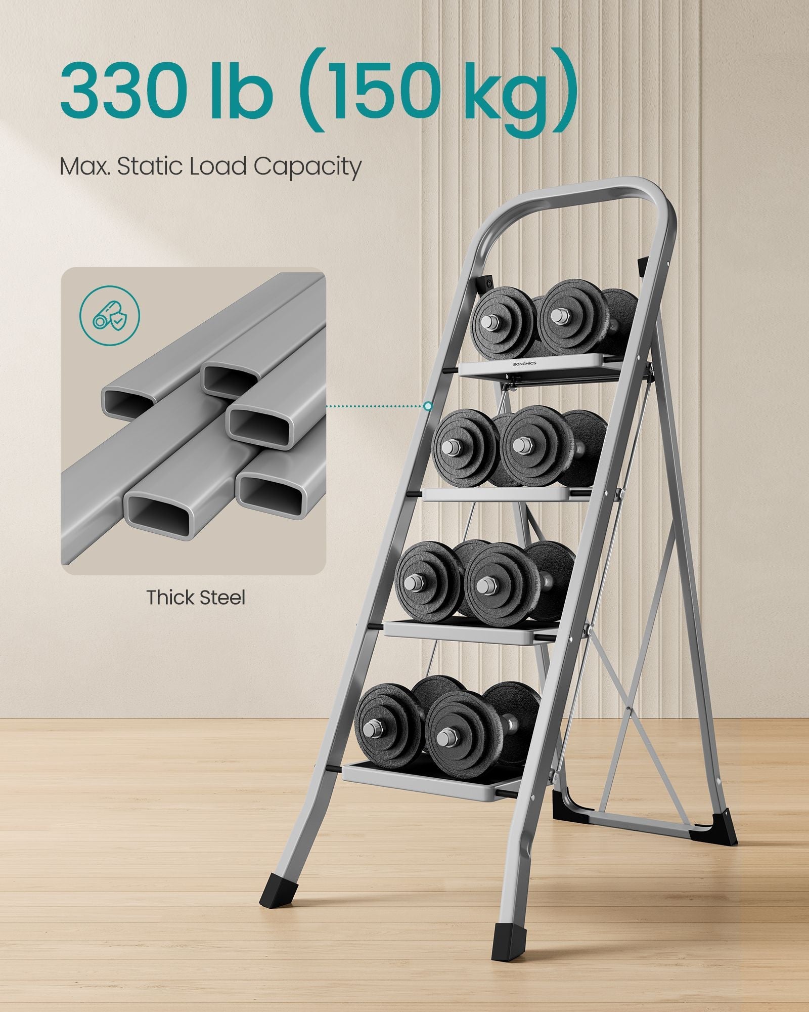 Folding Ladder – Metal – Dove Grey – 4 Steps with Safety Lock