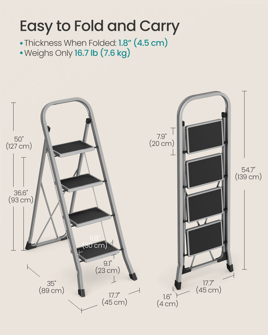 Folding Ladder – Metal – Dove Grey – 4 Steps with Safety Lock