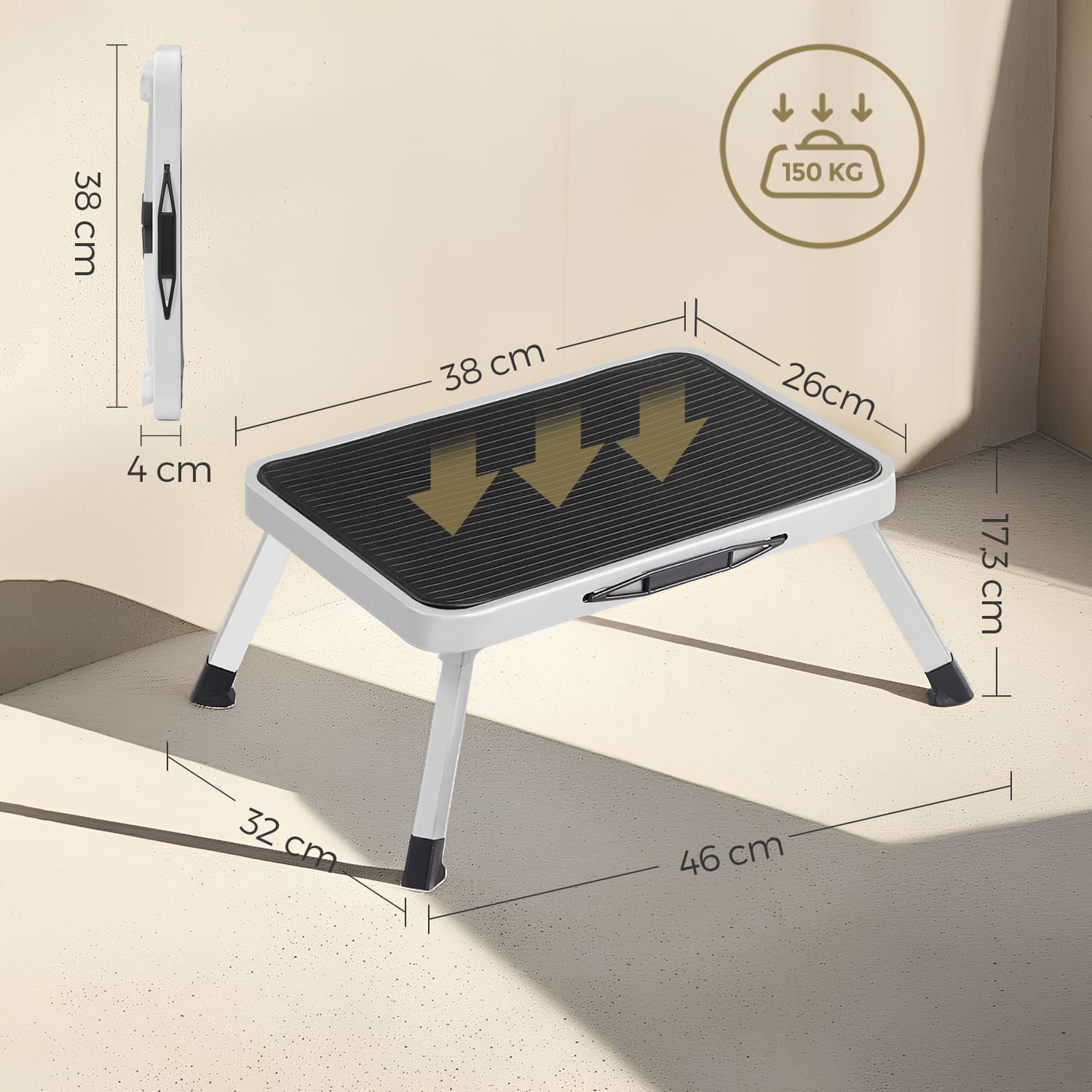 Folding Step Stool – Plastic – White – Non-Slip, Max Load Capacity 150 kg