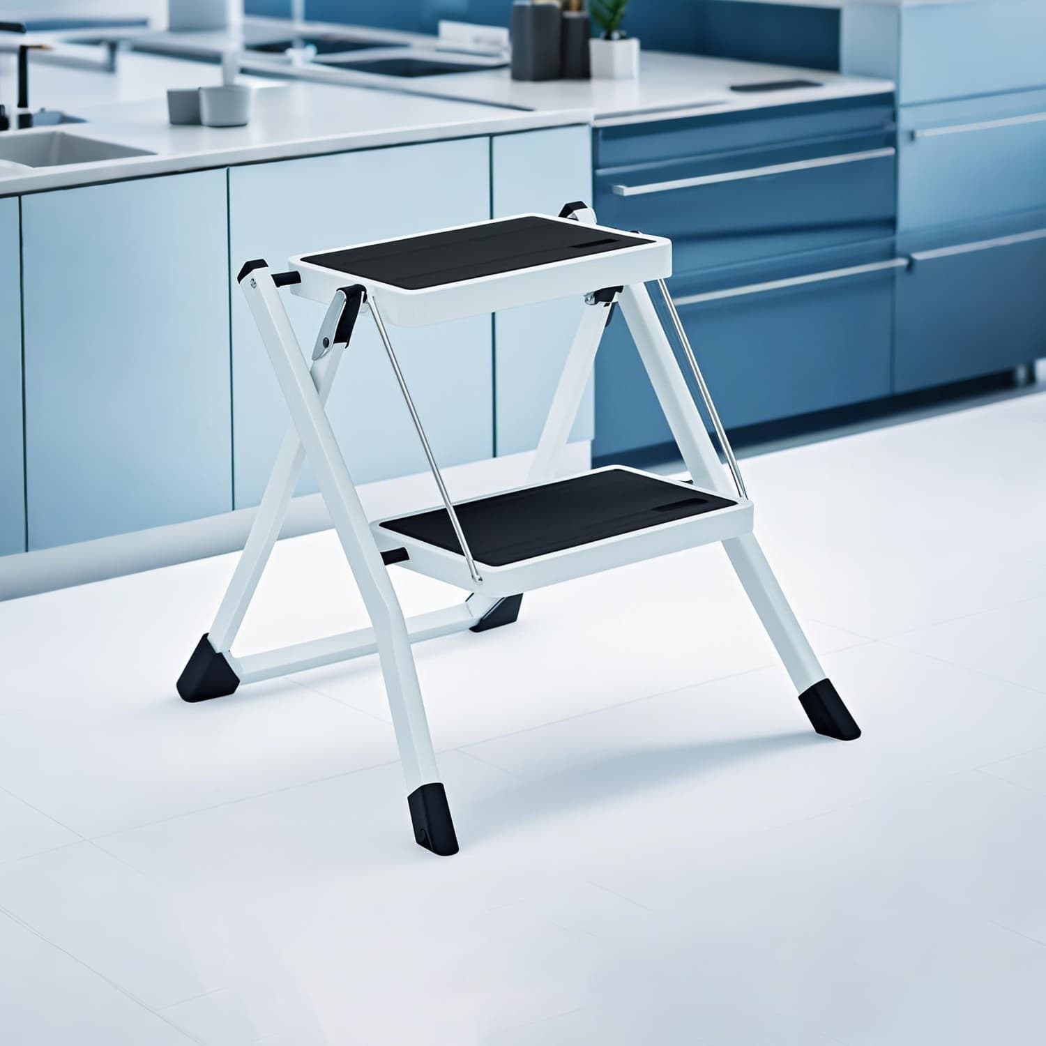 Folding 2-Step Ladder – Metal – Grey/Black and White/Black – Safety Lock with Space-Saving Design