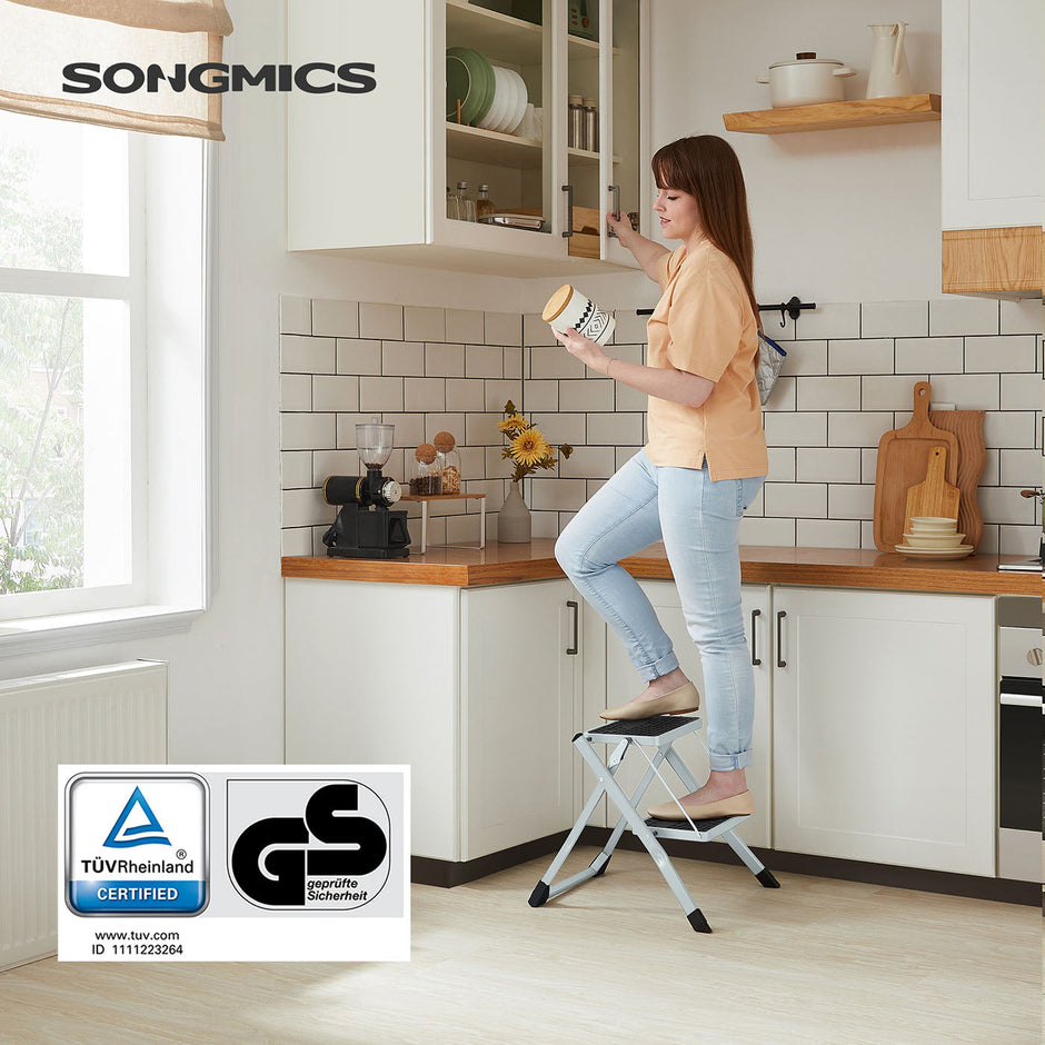 Folding 2 Step Ladder – Heavy Duty Steel – Black – Portable with Anti-Slip Mat, Max Load Capacity 150 kg