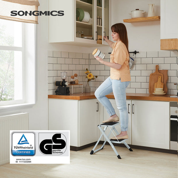 Folding 2 Step Ladder – Heavy Duty Steel – Black – Portable with Anti-Slip Mat, Max Load Capacity 150 kg