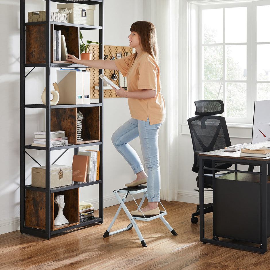 Folding 2 Step Ladder – Heavy Duty Steel – Black – Portable with Anti-Slip Mat, Max Load Capacity 150 kg