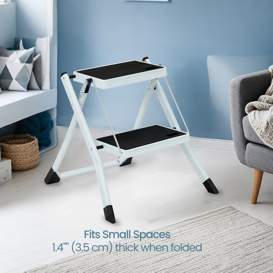 Folding 2-Step Ladder – Metal – Grey/Black and White/Black – Safety Lock with Space-Saving Design