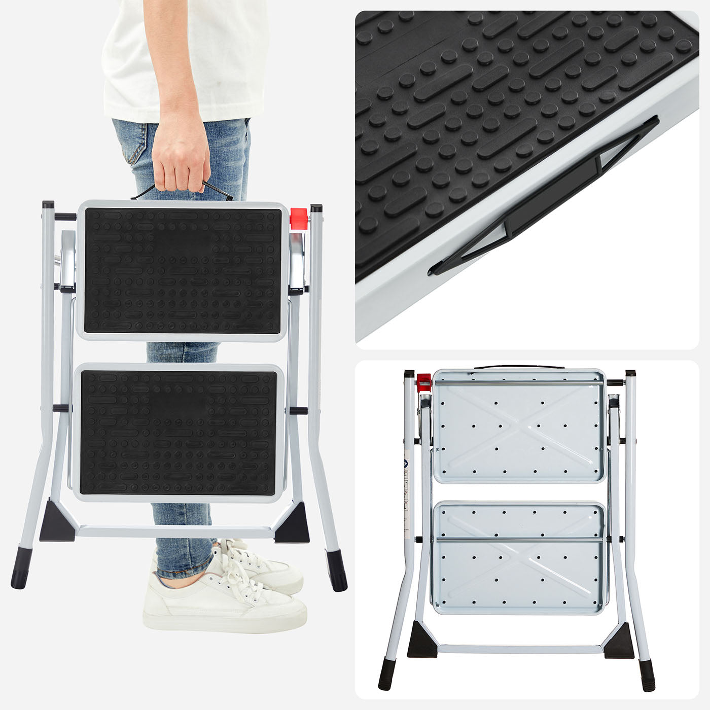 Folding 2 Step Ladder – Heavy Duty Steel – Black – Portable with Anti-Slip Mat, Max Load Capacity 150 kg