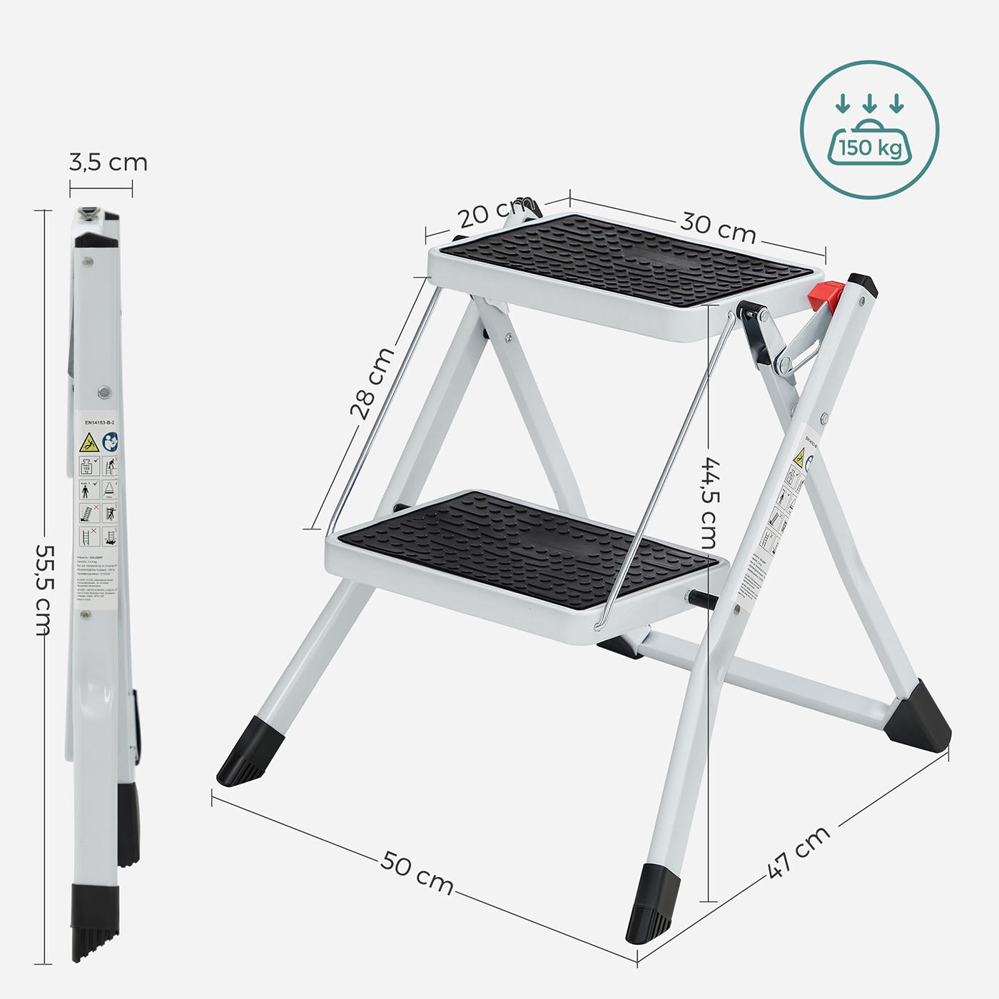 Folding 2 Step Ladder – Heavy Duty Steel – Black – Portable with Anti-Slip Mat, Max Load Capacity 150 kg