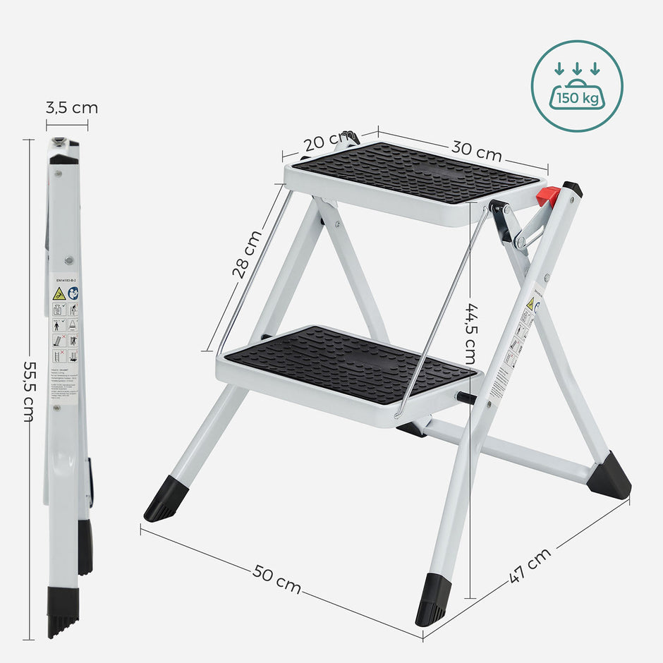 Folding 2 Step Ladder – Heavy Duty Steel – Black – Portable with Anti-Slip Mat, Max Load Capacity 150 kg