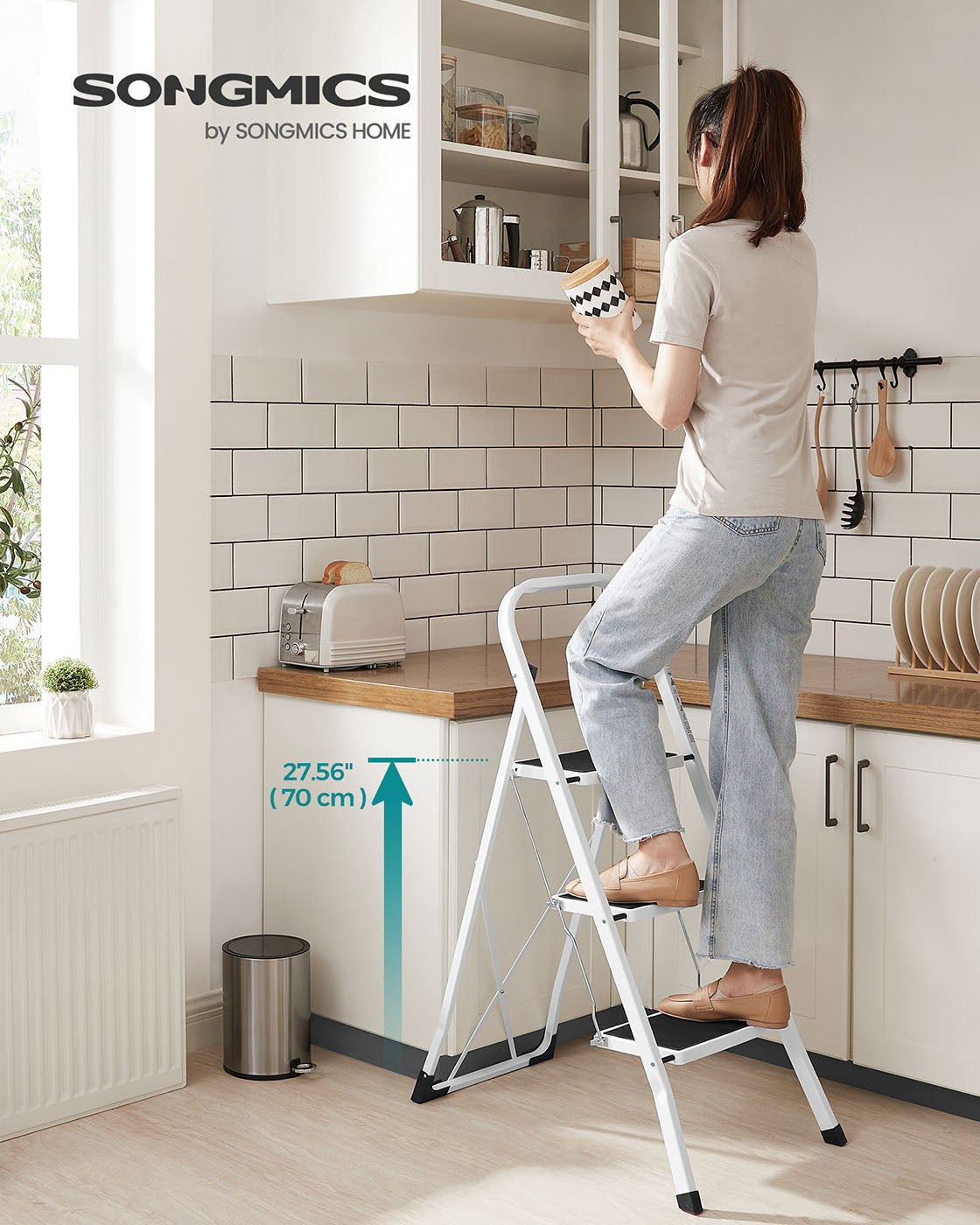 3 Step Ladder – Heavy Duty Steel – Folding and Portable – Anti-Slip Mat, Max Load Capacity 150 kg
