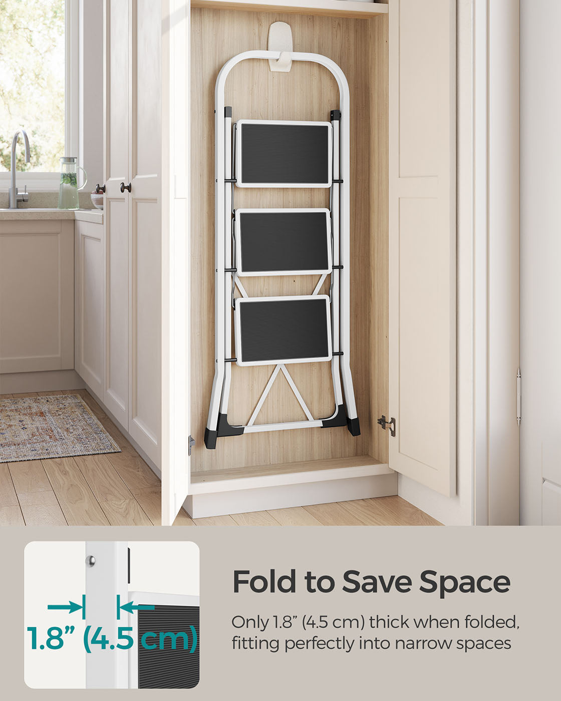 3 Step Ladder – Heavy Duty Steel – Folding and Portable – Anti-Slip Mat, Max Load Capacity 150 kg