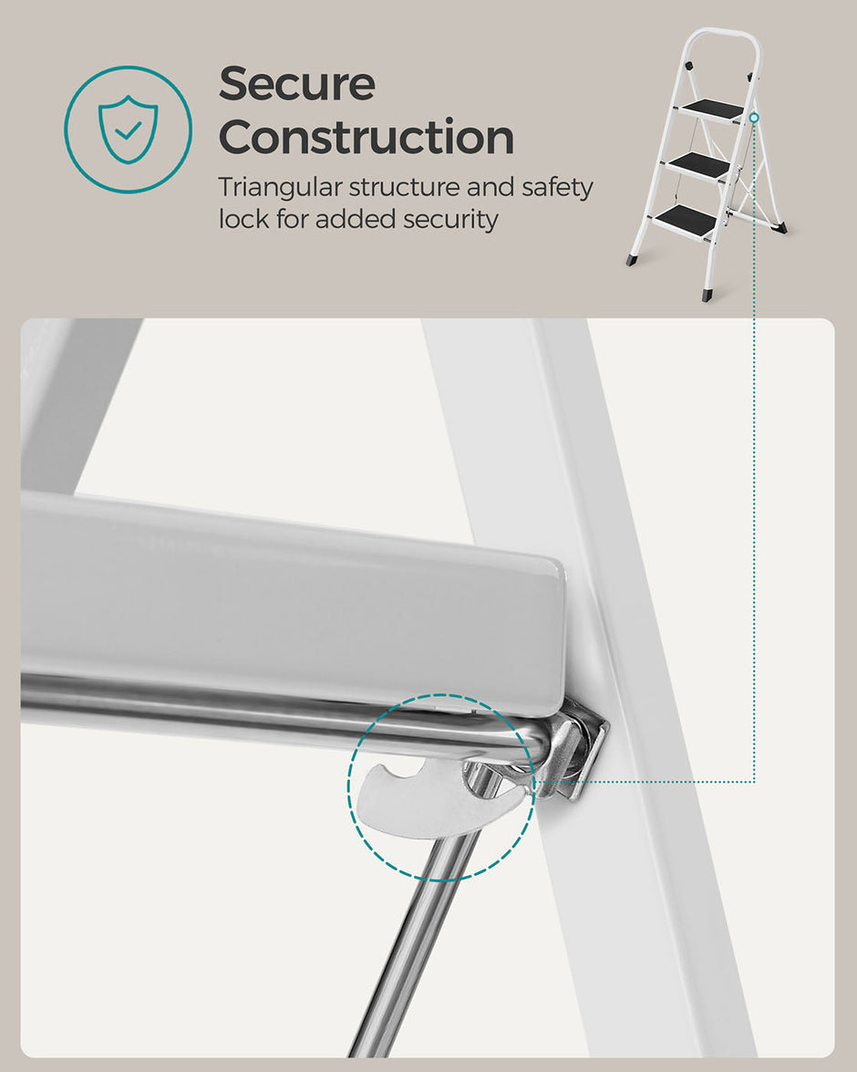 3 Step Ladder – Heavy Duty Steel – Folding and Portable – Anti-Slip Mat, Max Load Capacity 150 kg