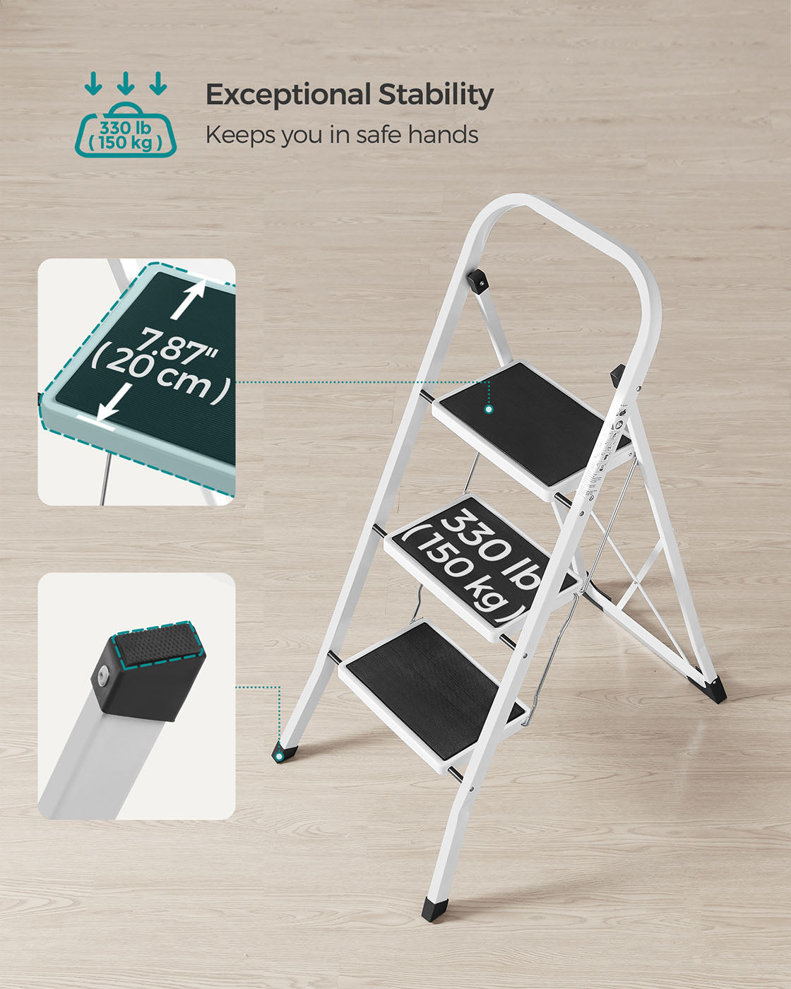 3 Step Ladder – Heavy Duty Steel – Folding and Portable – Anti-Slip Mat, Max Load Capacity 150 kg