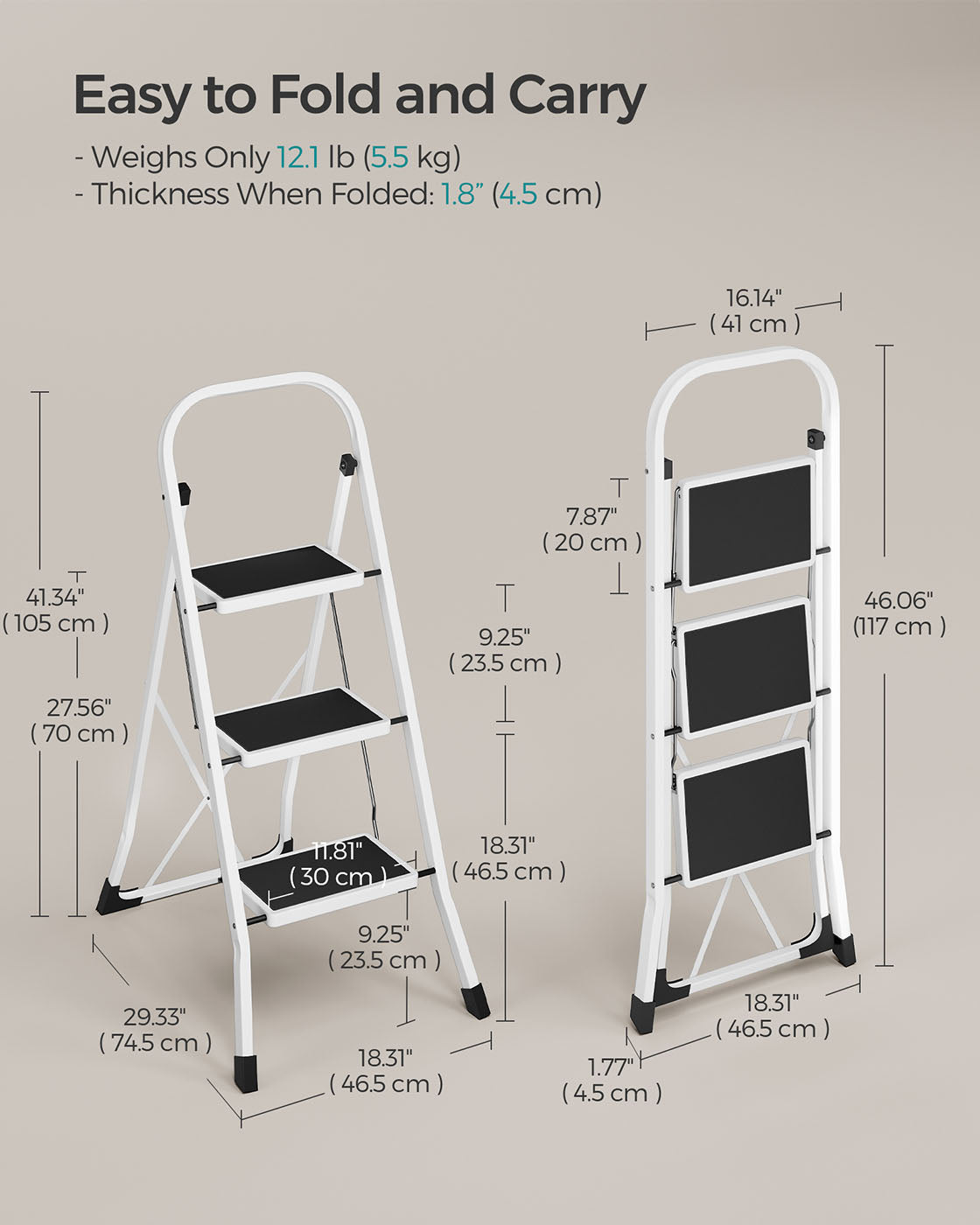 3 Step Ladder – Heavy Duty Steel – Folding and Portable – Anti-Slip Mat, Max Load Capacity 150 kg