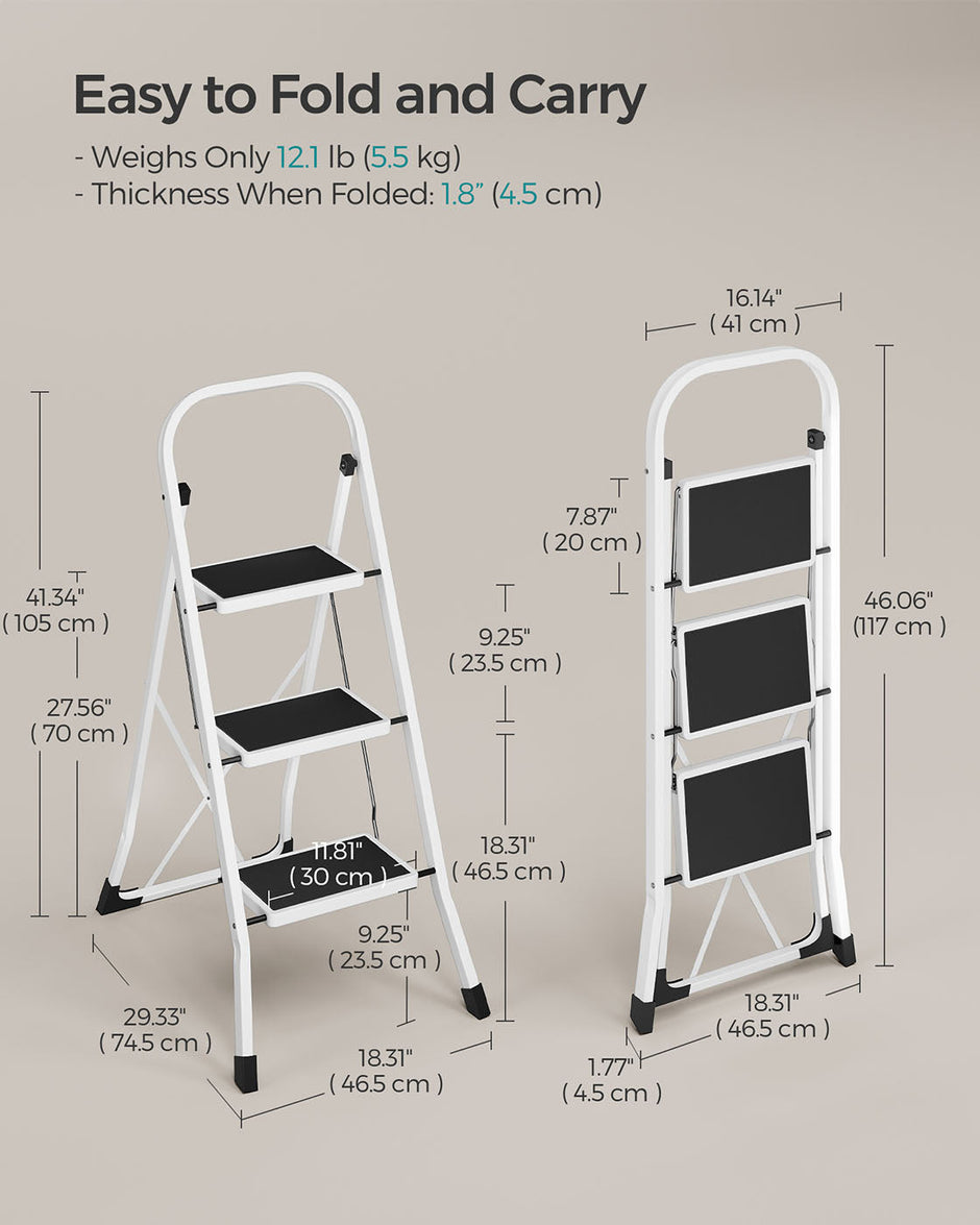 3 Step Ladder – Heavy Duty Steel – Folding and Portable – Anti-Slip Mat, Max Load Capacity 150 kg