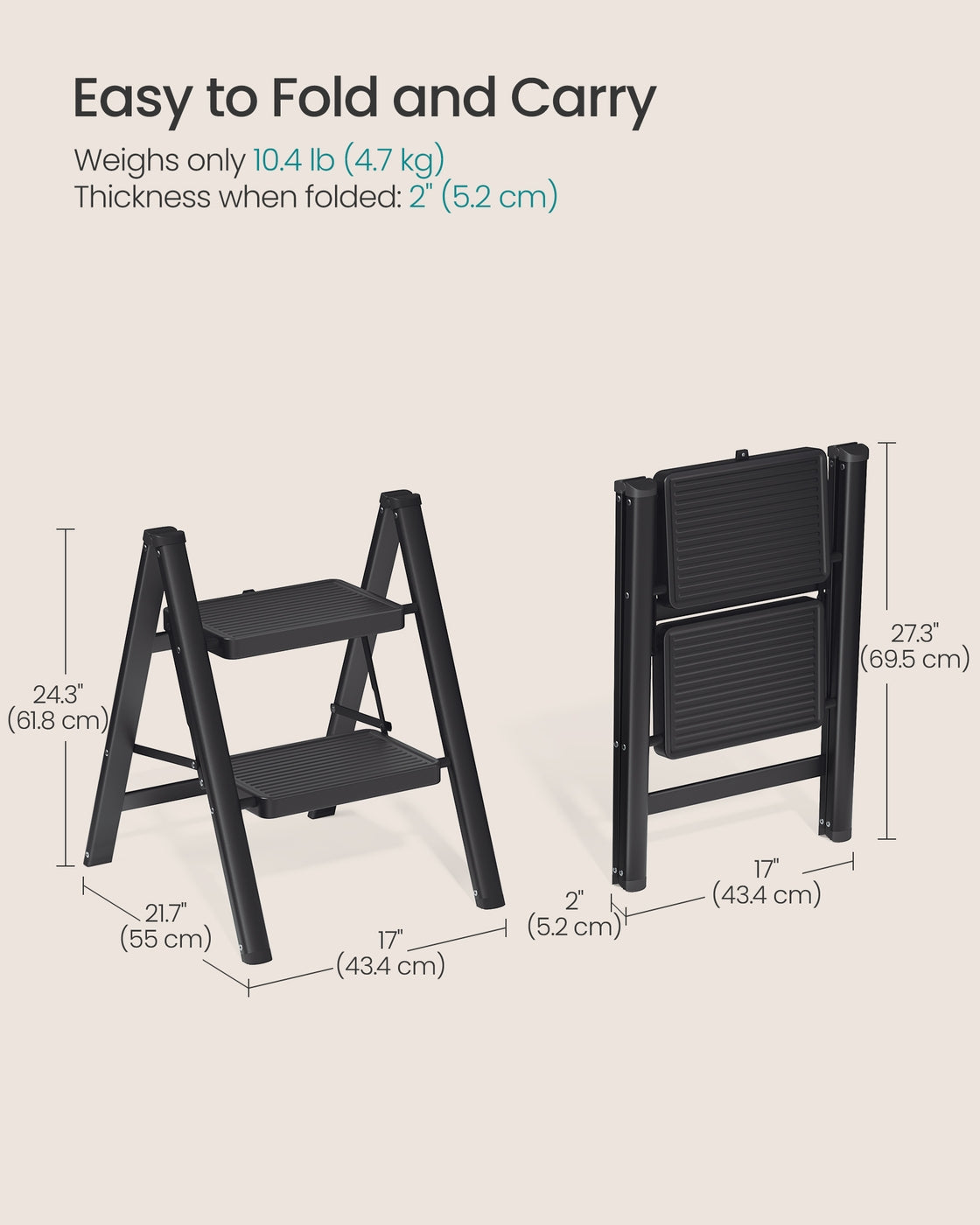 2-Step Ladder - 5.2L - Heavy-Duty Steel - Holds up to 150 kg - Easy Storage
