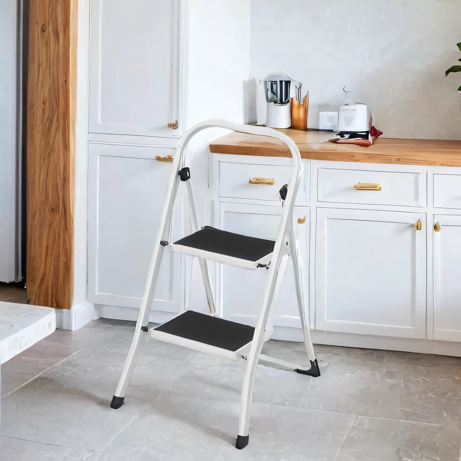 Portable Folding Ladder – Metal – White – 2 Steps