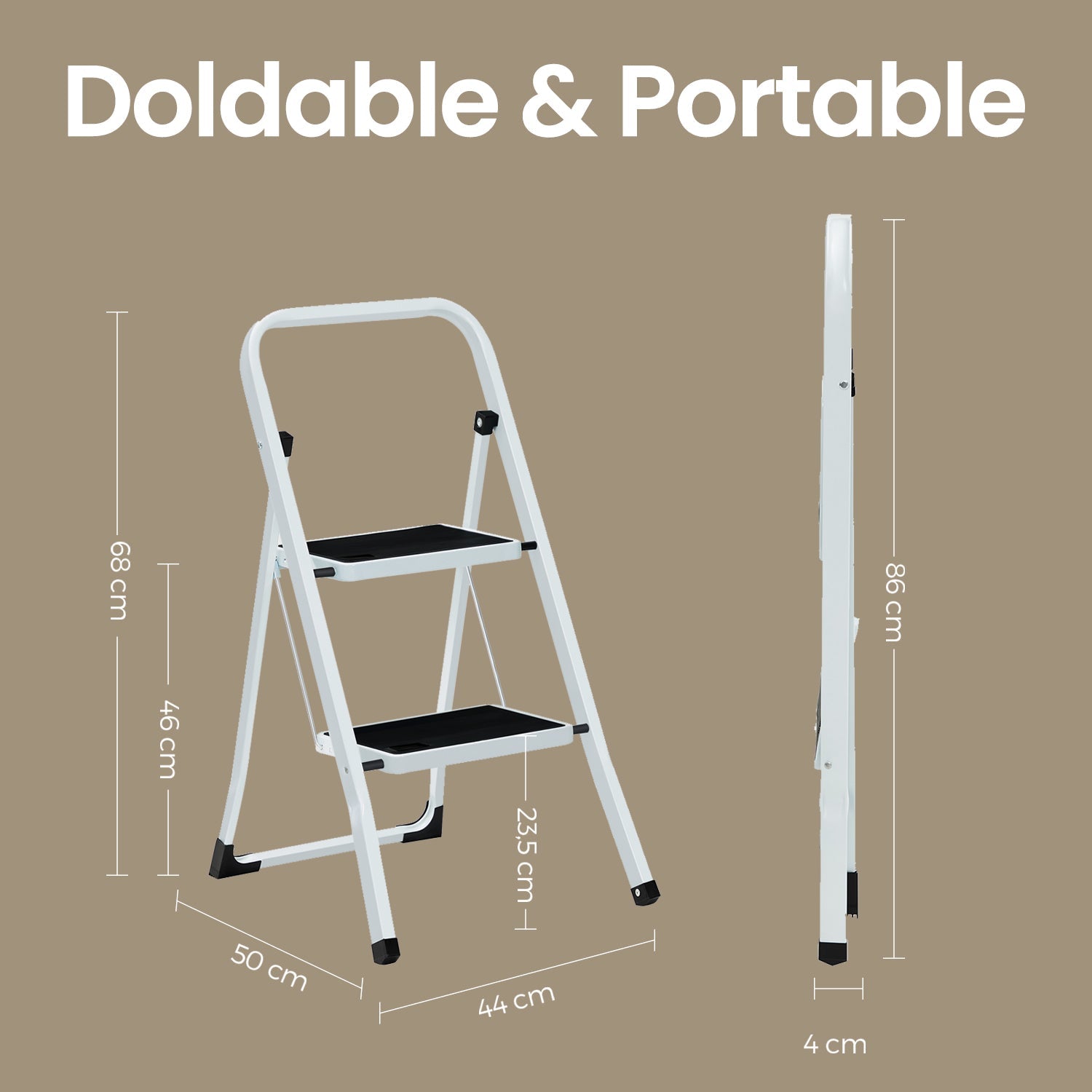 Portable Folding Ladder – Metal – White – 2 Steps