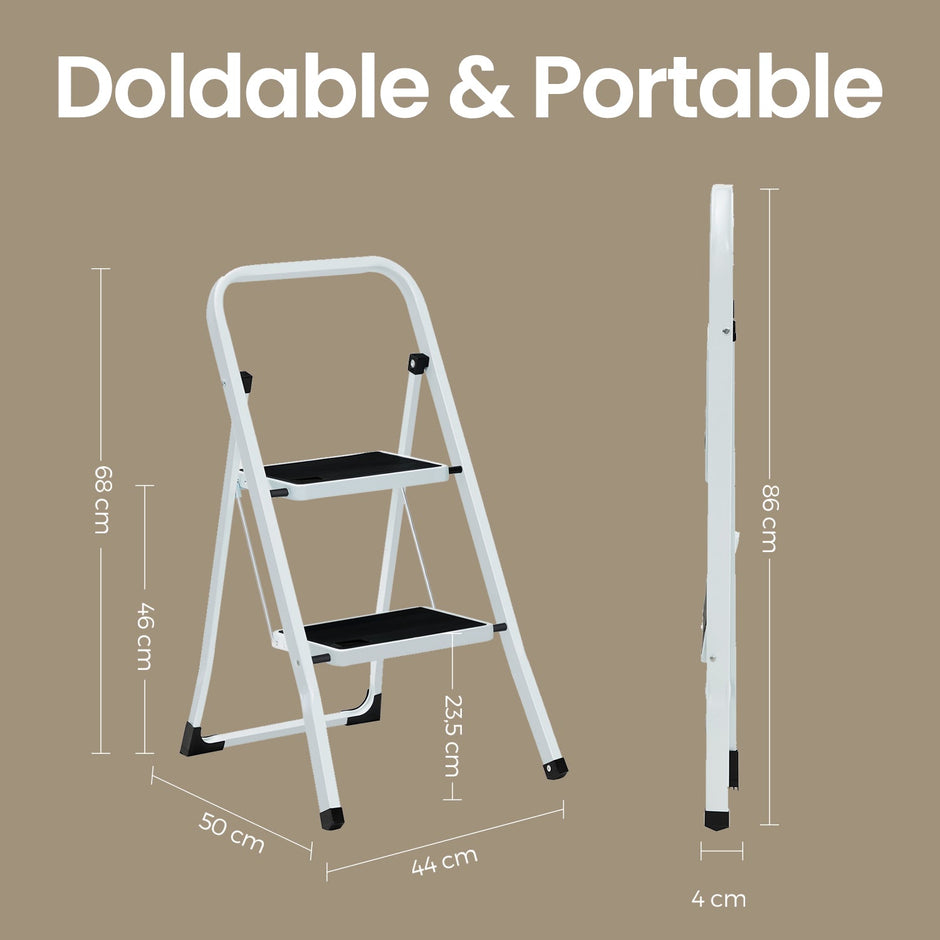 Portable Folding Ladder – Metal – White – 2 Steps