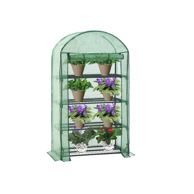 4-Tier Greenhouse – Metal and Mesh – Green – Roll-Up Door
