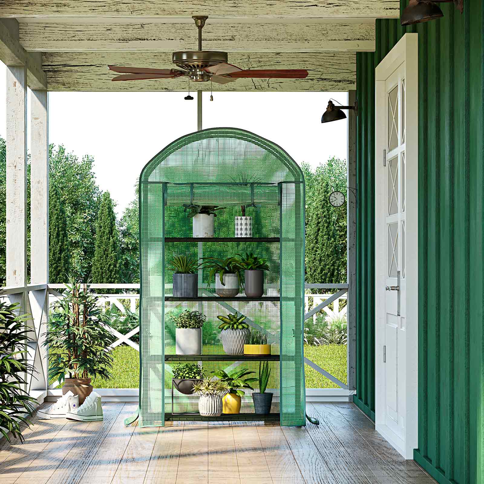 4-Tier Greenhouse – Metal and Mesh – Green – Roll-Up Door
