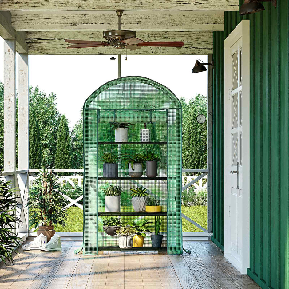 4-Tier Greenhouse – Metal and Mesh – Green – Roll-Up Door