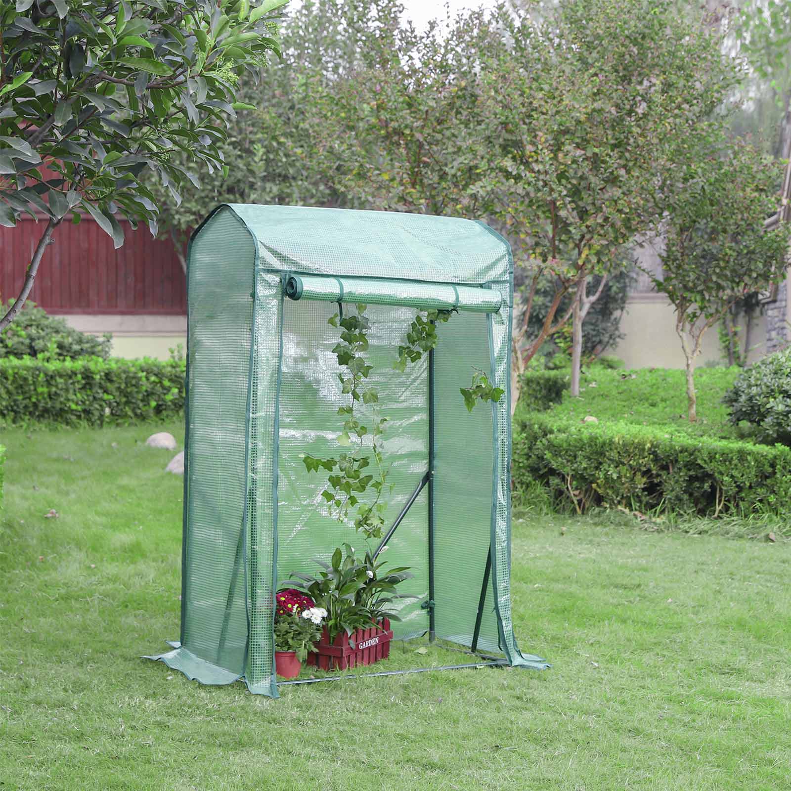 Small Greenhouse – Metal Frame – Green – Compact Design with Roll-up Door