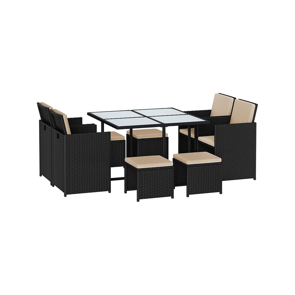 Garden Dining Table and Chairs Set – PE Rattan – Black and Beige – Space-Saving with Cushions