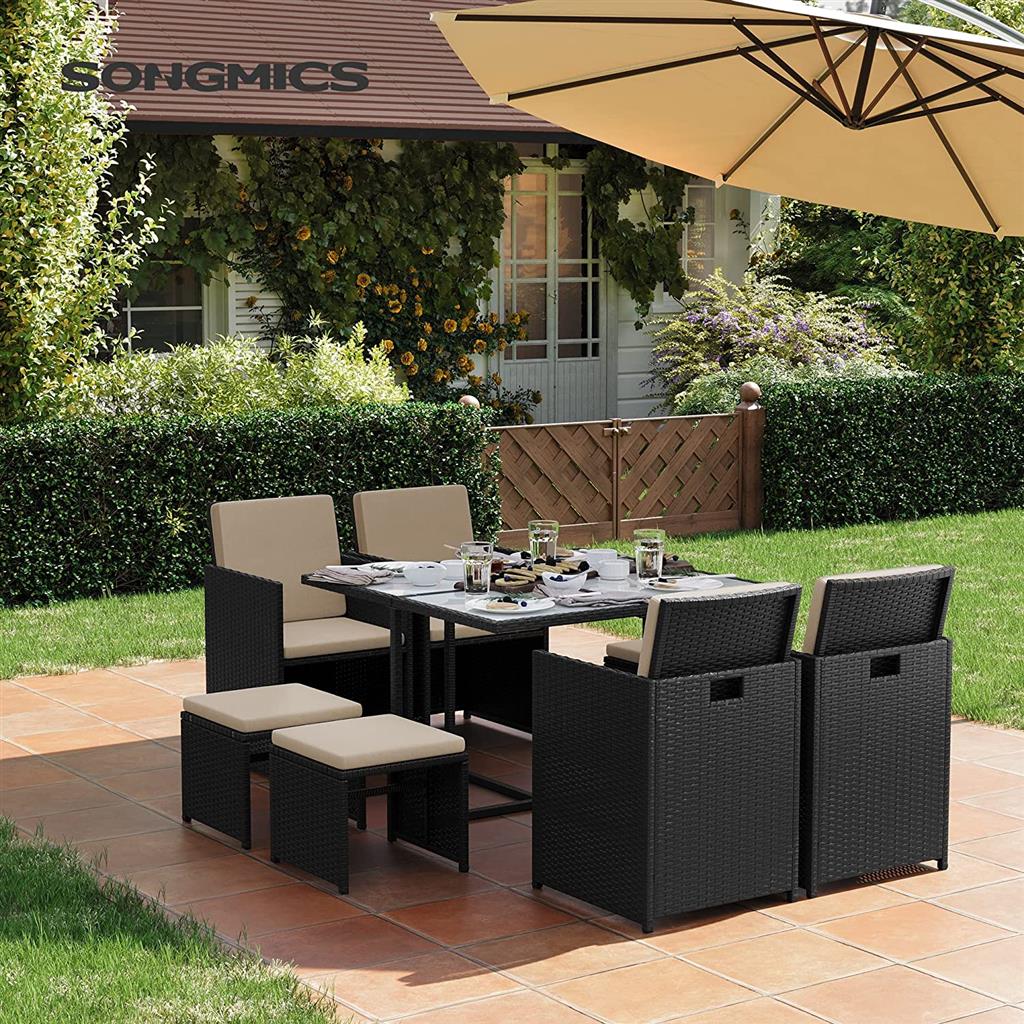 Garden Dining Table and Chairs Set – PE Rattan – Black and Beige – Space-Saving with Cushions