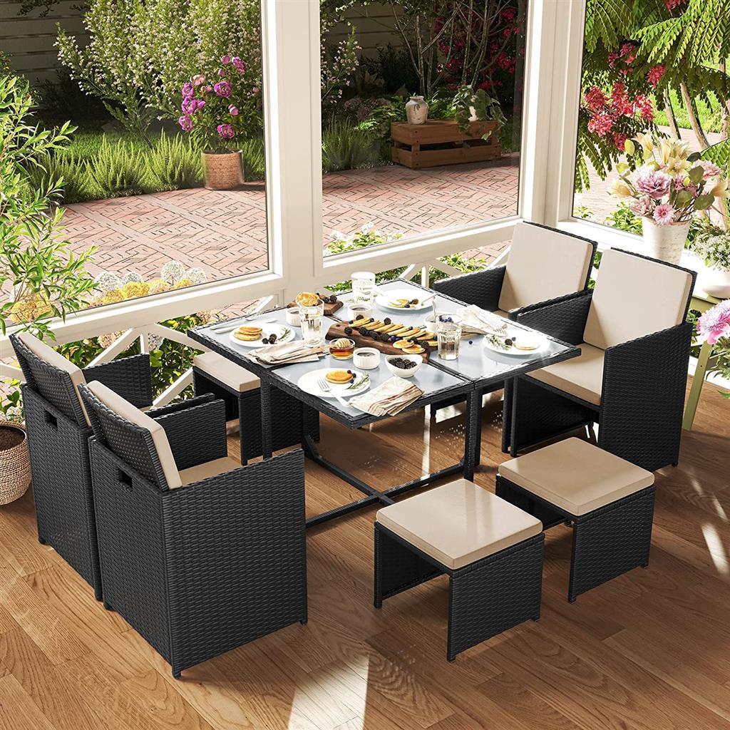 Garden Dining Table and Chairs Set – PE Rattan – Black and Beige – Space-Saving with Cushions
