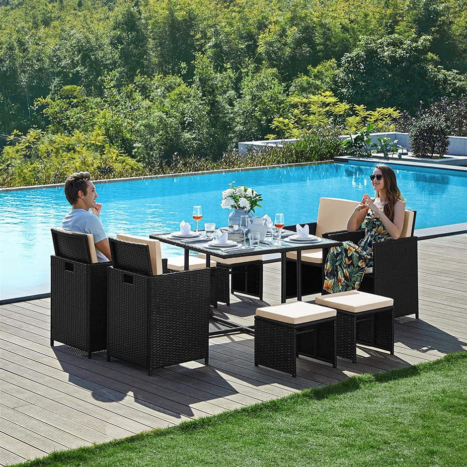 Garden Dining Table and Chairs Set – PE Rattan – Black and Beige – Space-Saving with Cushions