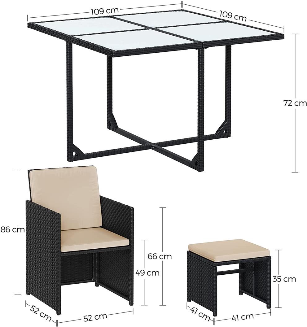 Garden Dining Table and Chairs Set – PE Rattan – Black and Beige – Space-Saving with Cushions