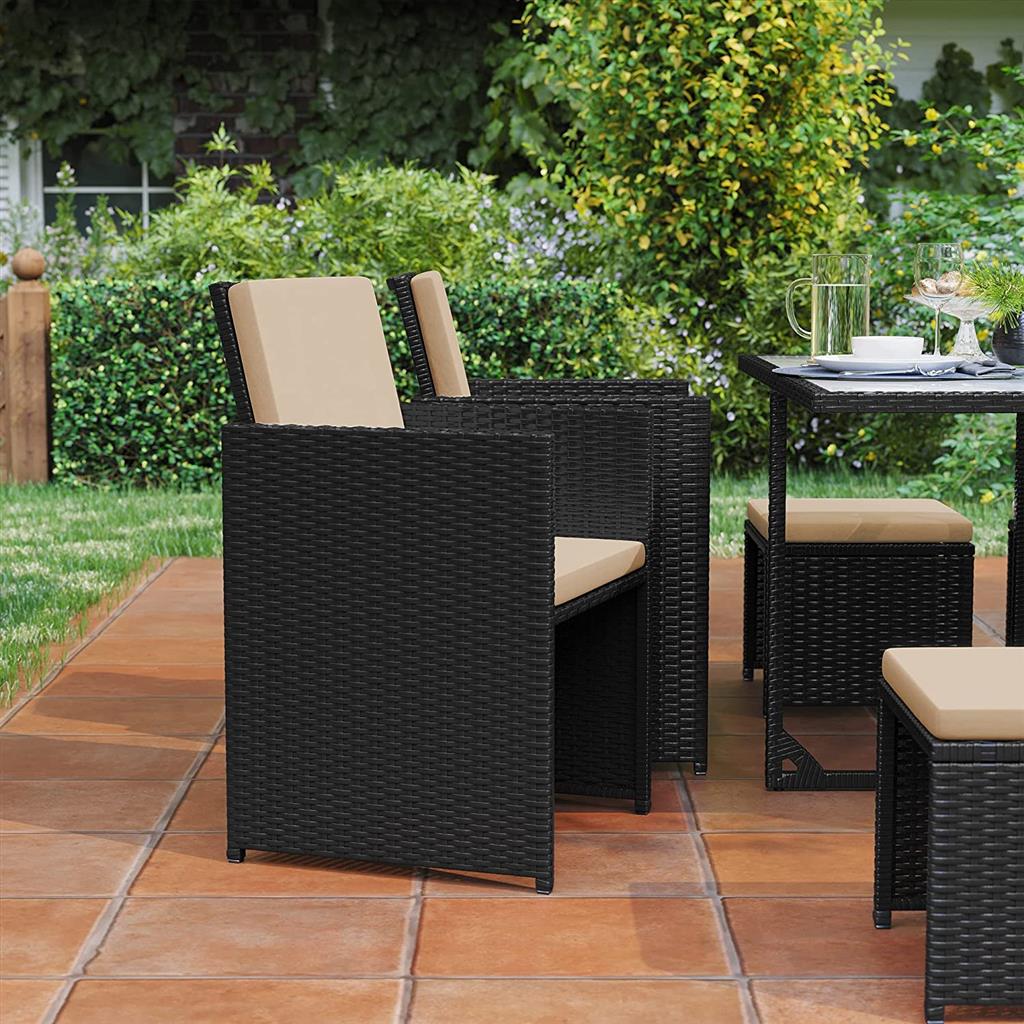 Garden Dining Table and Chairs Set – PE Rattan – Black and Beige – Space-Saving with Cushions