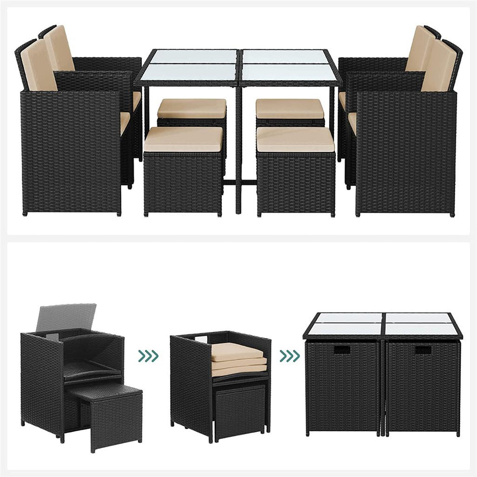 Garden Dining Table and Chairs Set – PE Rattan – Black and Beige – Space-Saving with Cushions