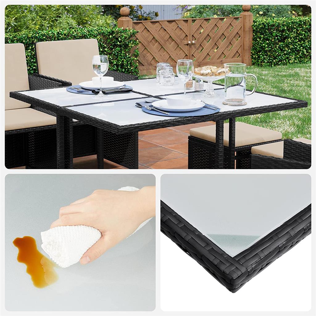 Garden Dining Table and Chairs Set – PE Rattan – Black and Beige – Space-Saving with Cushions