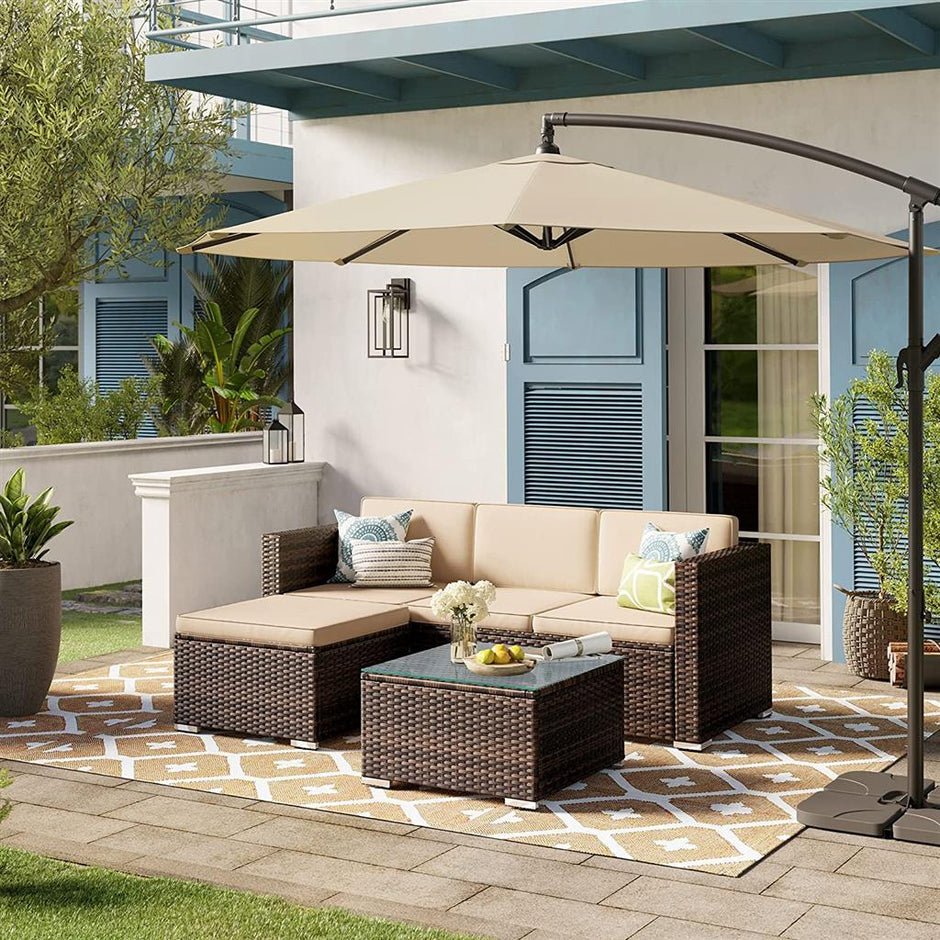 Garden Furniture Set – PE Rattan – Black and Beige – 5-Piece Patio Conversation Set with Cushions and Glass Table