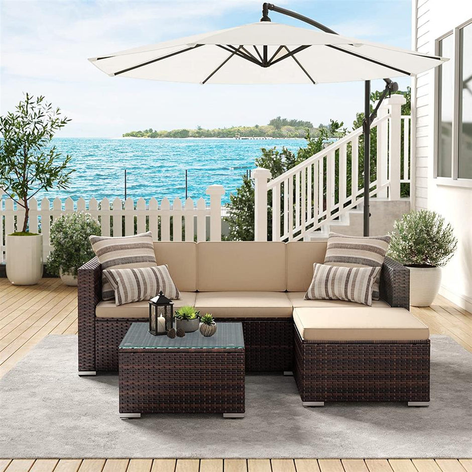Garden Furniture Set – PE Rattan – Black and Beige – 5-Piece Patio Conversation Set with Cushions and Glass Table